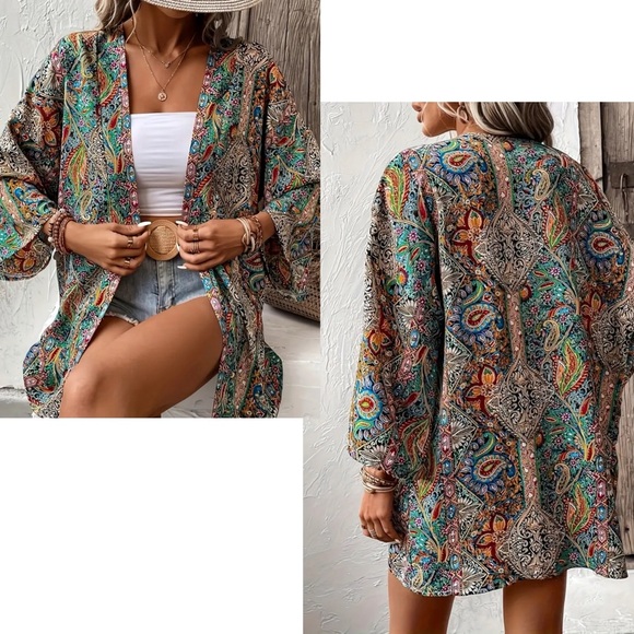 NWOT Boho Mixed Prints Open Front Kimono L - Picture 1 of 13